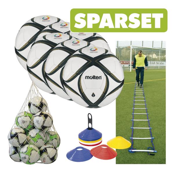 Sparset mit fünf Molten Fußballbällen, Trainingsleitern und Markierungshütchen für Fußballtraining.