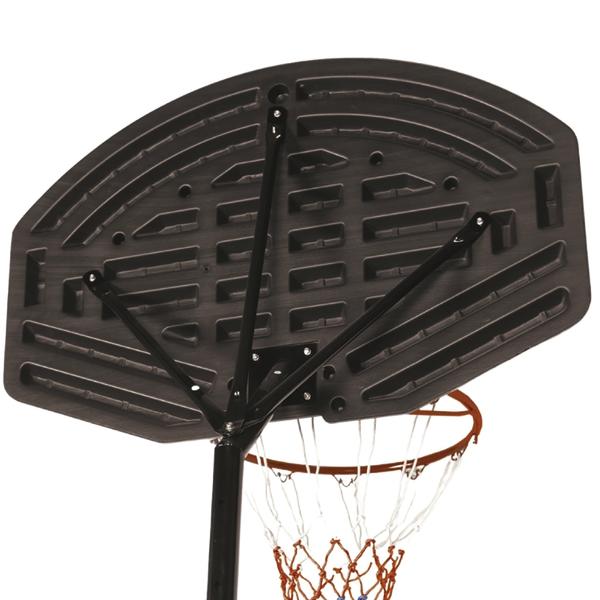 Basketballkorb mit schwarzem Kunststoff-Backboard und orange-weißem Netz, freigestellt.