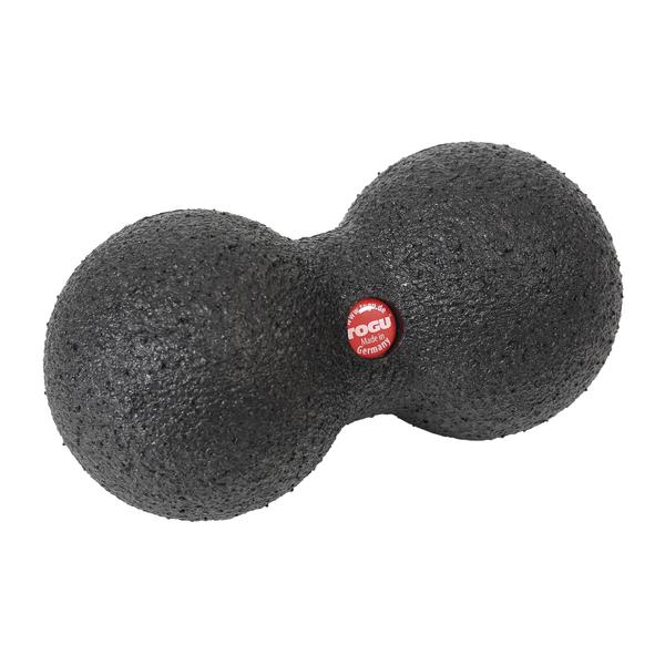 Schwarzer Faszien-Doppelball zur Muskelentspannung und Selbstmassage, isoliert auf weißem Hintergrund.