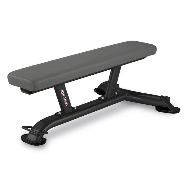 Flachbank für Krafttraining mit gepolstertem Sitz und stabilem Stahlrahmen, schwarz und grau.