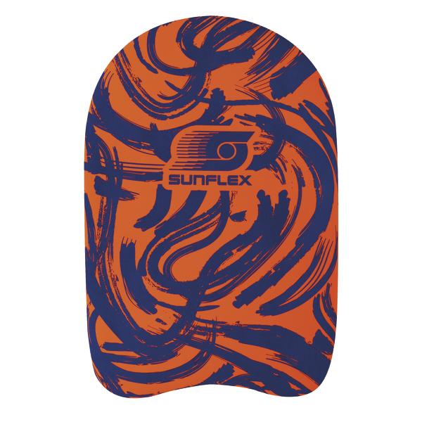 Orangefarbenes Schwimmbrett mit blauem Muster und „Sunflex“-Logo vor weißem Hintergrund.