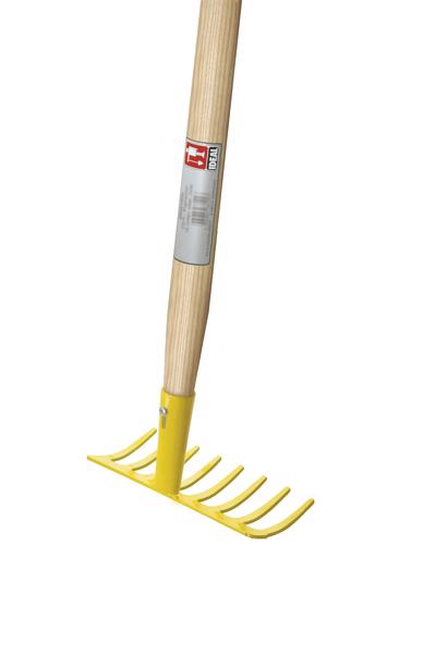 Gelber Gartenrechen mit Holzstiel für Bodenbearbeitung und Laubentfernung.