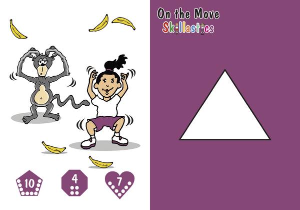 Kind und Affe machen Kniebeugen, Bananen und Zahlenformen als Lernspiel.  Weißes Dreieck auf lila Hintergrund mit Text "On the Move Skillastics".