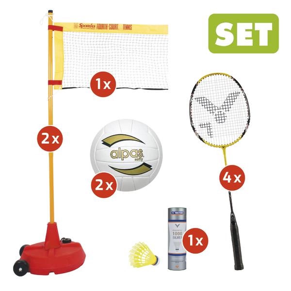 Komplettes Set mit Volleyball, Badmintonnetz, 4 Badmintonschlägern und Federball für Outdoor-Spiele.