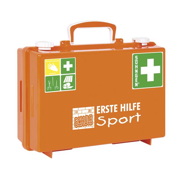 Erste-Hilfe-Kasten für Schule und Sport in orange mit weißem Griff und Symbolen.