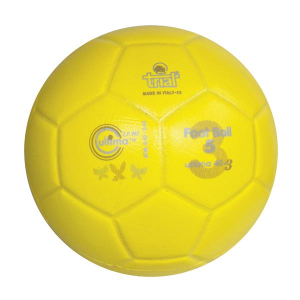 Gelber Trial Fußball mit klassischer Panelstruktur und Aufdruck, geeignet für Training und Freizeitspiele.