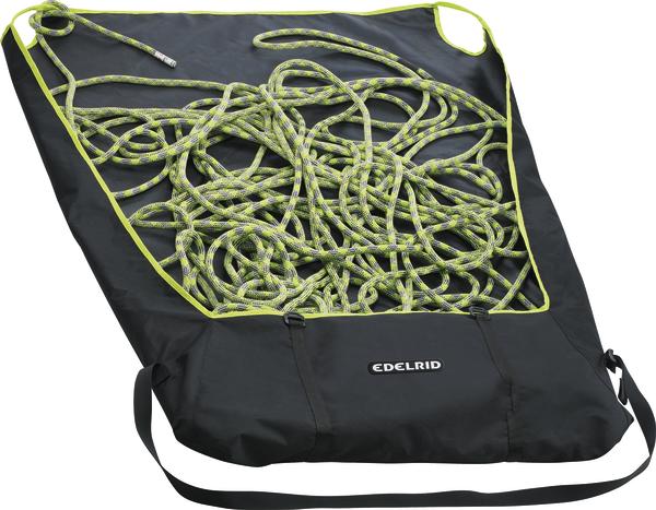 Schwarze Edelrid Seilsack mit grün-gelbem Kletterseil für sicheren Transport und Aufbewahrung.