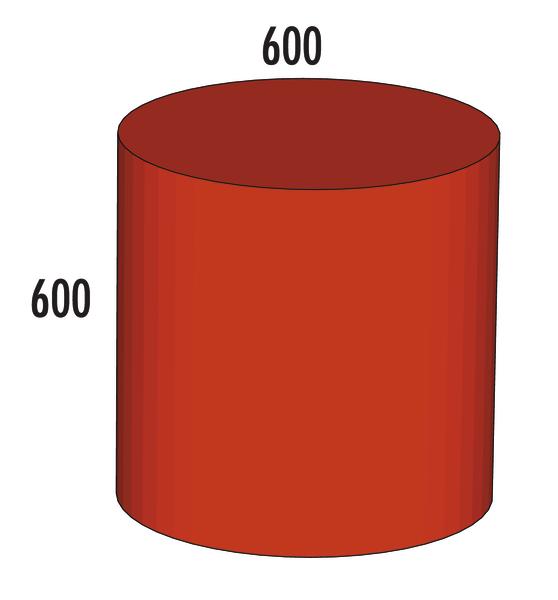 Zylinder mit Höhe und Durchmesser von 600 Einheiten in roter Farbe.