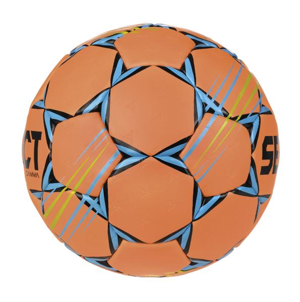 Orange Handball mit blau-grünen Mustern, ideal für Indoor- und Outdoor-Sport.