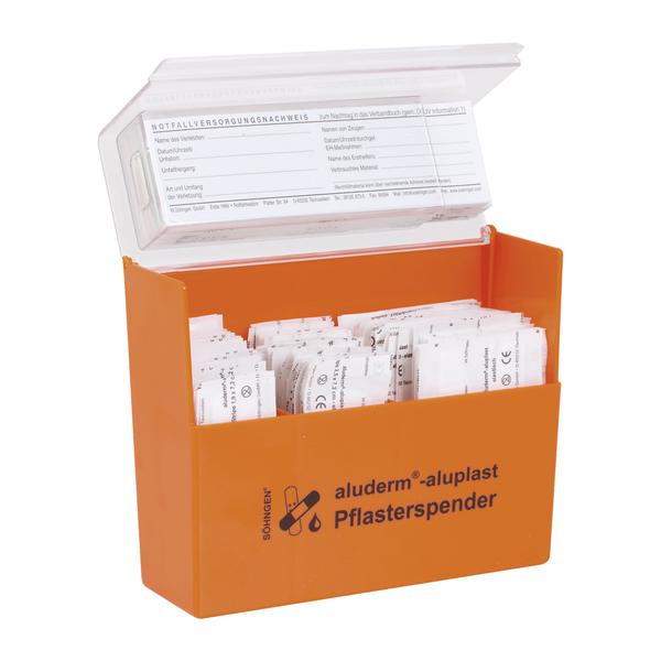 Oranger Pflasterspender mit einzelnen Pflastern und Notfallversorgungsnachweis.