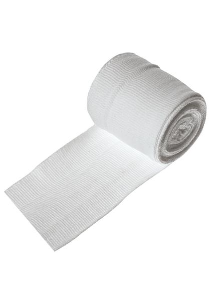 Weißer elastischer Boxbandage, aufgerollt und teilweise ausgerollt.