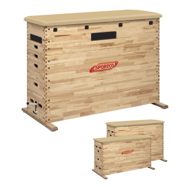 Mehrteiliger Holz-Sprungkasten mit gepolsterter Oberfläche für Turn- und Sprungübungen.