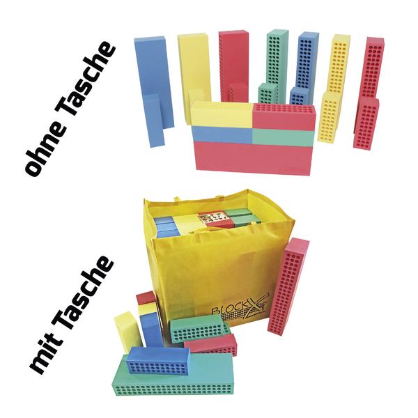 Stapel bunter Lernbausteine ohne Tasche, sortiert nach Farben und Größen.