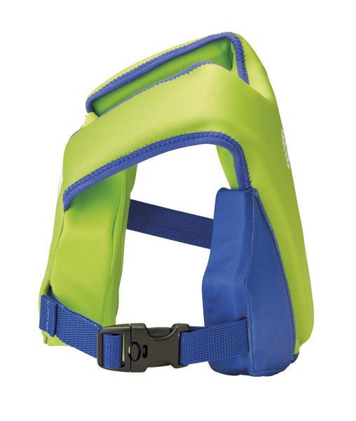 Schwimmweste für Kinder in Grün und Blau mit verstellbarem Gurt und Schnalle.