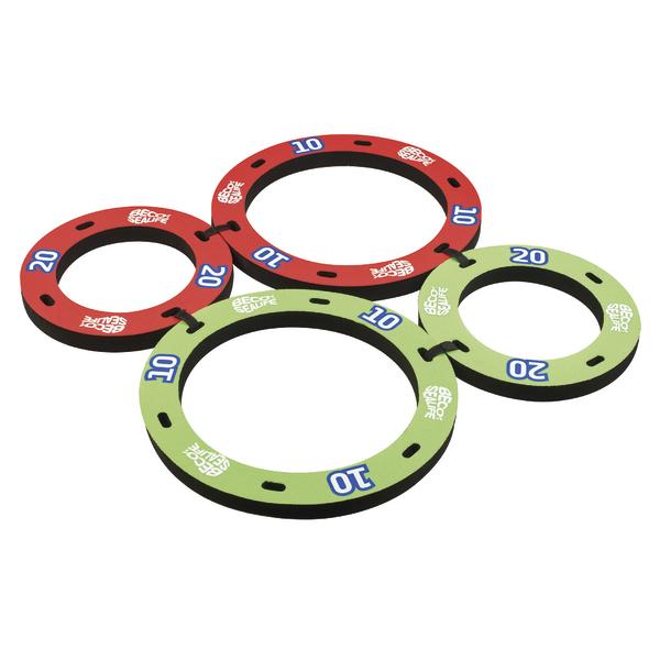 Bunte Wurfringe aus Schaumstoff in Rot und Grün mit Zahlen für Zielwurfspiele.