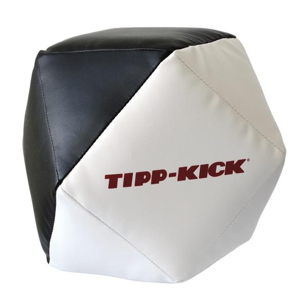 Schwarzer und weißer Tipp-Kick Lederball mit rotem Logo, ideal für Tischfußballspiele.