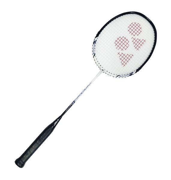 Badmintonschläger Yonex Muscle Power 2 in Weiß und Schwarz mit blauen Details und schwarzem Griffband.