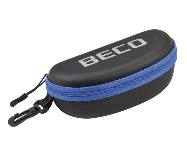 Schwarze BECO Schwimmbrillen-Etui mit blauem Reißverschluss und Karabinerhaken.