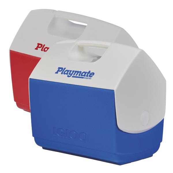 Roter und blauer Playmate Igloo Kühlboxen mit Tragegriff, isolierte Lunchboxen.