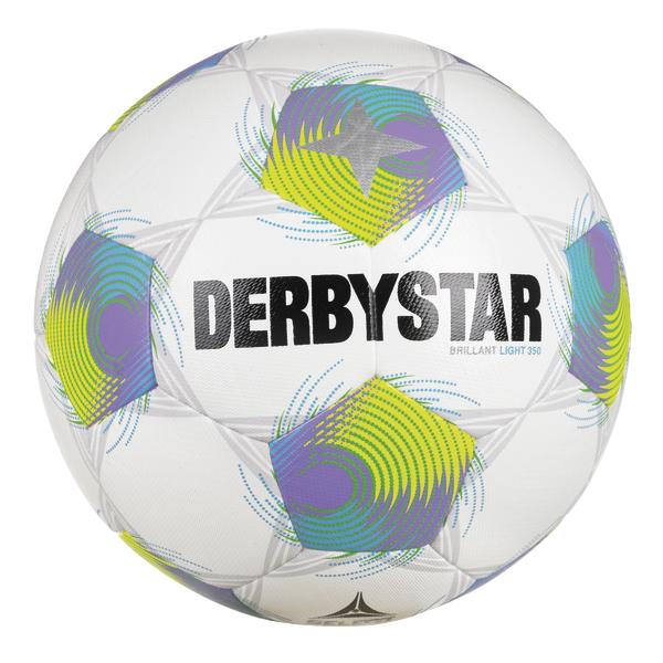 Weißer DERBYSTAR Brillant Light 350 Fußball mit lila-gelb-türkisem Spiraldesign und strukturierter Oberfläche