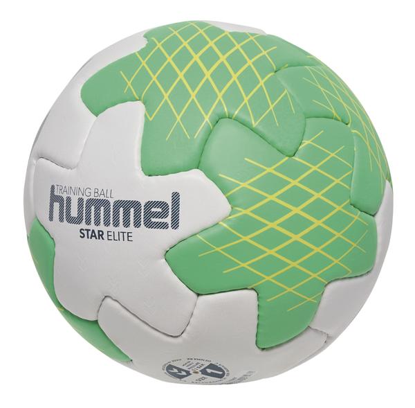 Weiß-grüner Hummel Handball mit gelbem Streifenmuster, ideal für Handballspiele und Training.