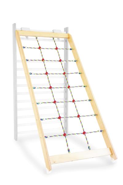 Klettergerüst mit Holzrahmen und buntem Seilnetz für Kinder zum Spielen und Trainieren.