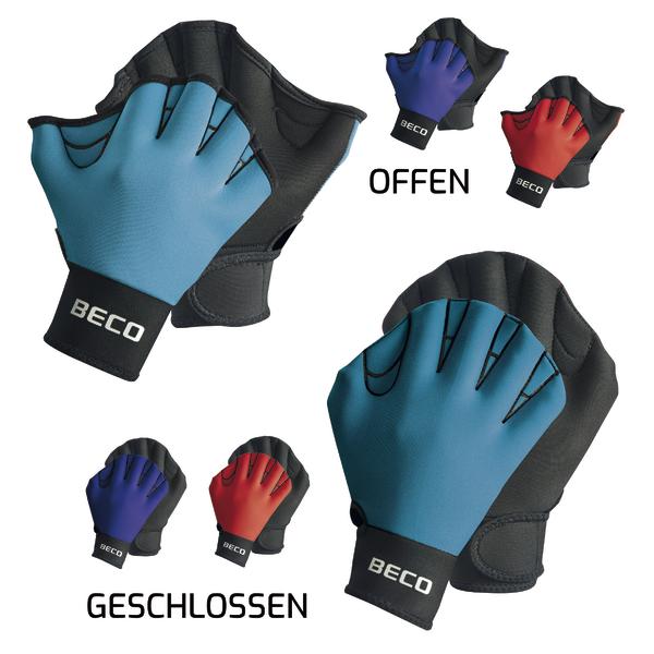 Offene und geschlossene BECO Fitnesshandschuhe in Blau, Rot und Schwarz, rutschfest und atmungsaktiv.