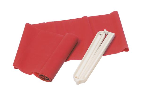 Rotes Widerstandsband mit weißem Trainingsgriff für Fitnessübungen.