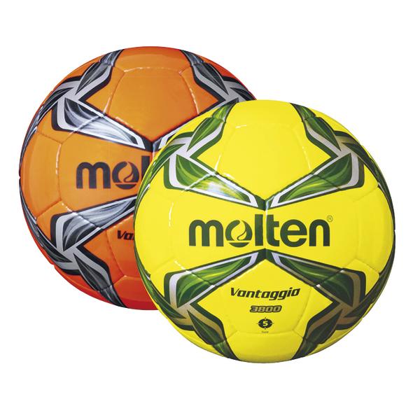 Orange und gelbe Molten Vantaggio 3800 Handbälle mit grafischem Design, Vorderansicht.