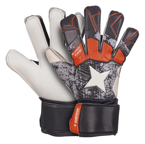 Torwarthandschuhe mit Stern-Design und gepolstertem Handgelenkriemen, schwarz und orange.