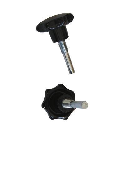 Schwarze Kunststoff-Sternschrauben mit Metallgewinde, zwei Ansichten auf weißem Hintergrund.