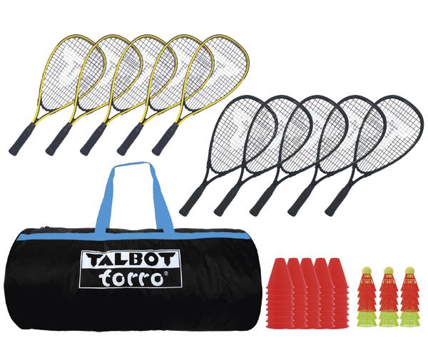 Talbot Torro Speedbadminton Set mit mehreren Schlägern, Tasche, Shuttlebällen und Markierungskegeln.