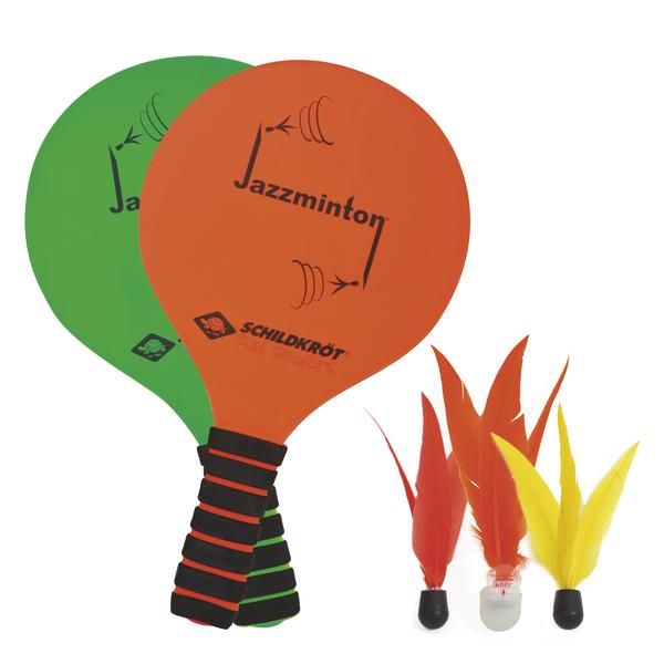 Zwei bunte Jazzminton-Schläger mit Griffen und drei Federbällen in Rot und Gelb.