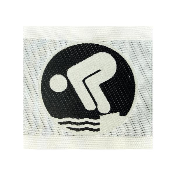 Symbol eines springenden Schwimmers über ein Startblock im Wasser, weiß und schwarz.