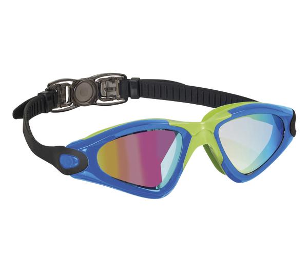 Schwimmbrille mit blau-grünem Rahmen und verspiegelten Gläsern, verstellbares schwarzes Band.