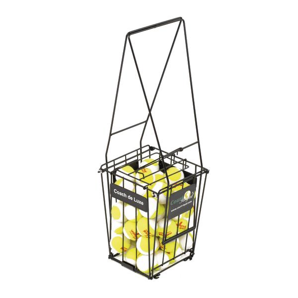 Tennisballkorb aus Metall mit Griff, gefüllt mit gelben Tennisbällen, für Training und Spiel.