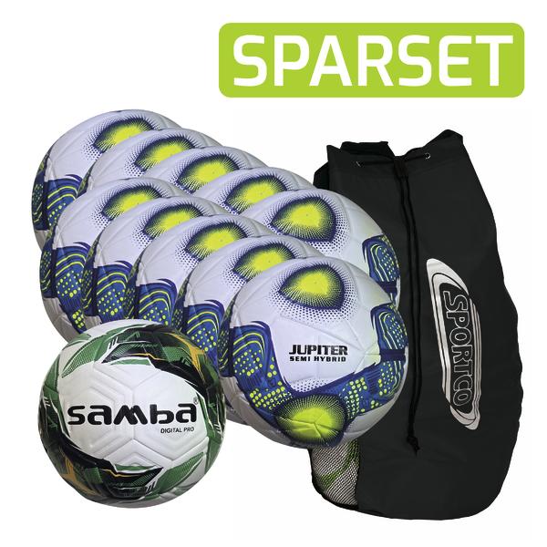 Fußball-Sparset mit mehreren weiß-blau-grünen Fußbällen, einem Samba-Fußball und schwarzem Sportco-Ballsack.