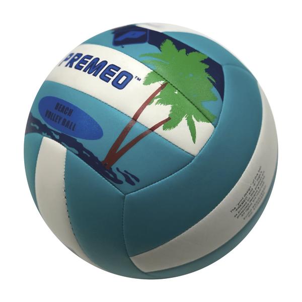 Beachvolleyball mit blau-weißer Oberfläche und Palmen-Design, Marke Premeo.