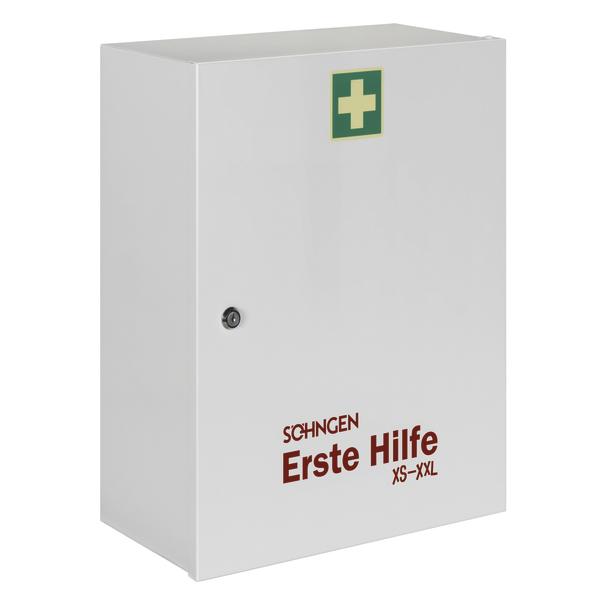 Erste-Hilfe-Schrank aus Metall mit grünem Kreuz und roter Aufschrift "Erste Hilfe XS-XXL".