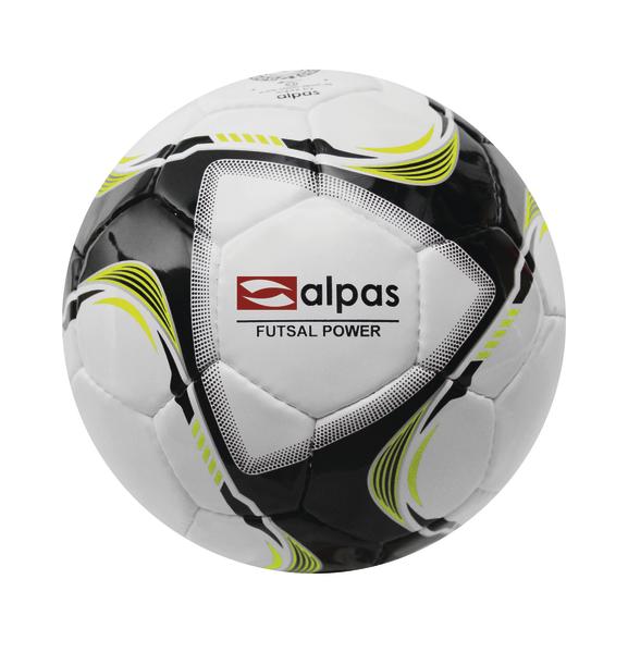 Weiß-schwarzer Futsal-Ball mit gelben Akzenten und alpas Logo, Modell Futsal Power.