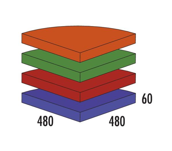 Mehrschichtige quadratische Platten in verschiedenen Farben mit den Maßen 480x480x60 mm.