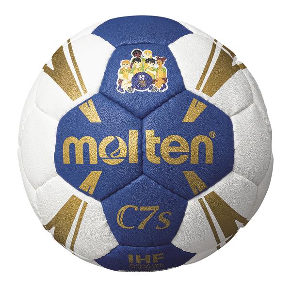 Handball Molten C7s in Weiß und Blau mit goldenen Akzenten und IHF-Logo.