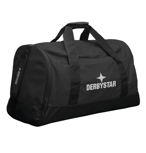 Schwarze Sporttasche mit DERBYSTAR-Logo, geräumig und robust für Training und Reisen.