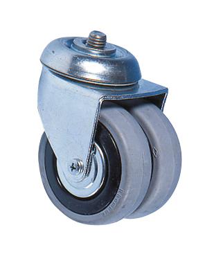 Doppel-Lenkrolle aus Metall mit grauen Gummirollen für Möbel und Geräte.