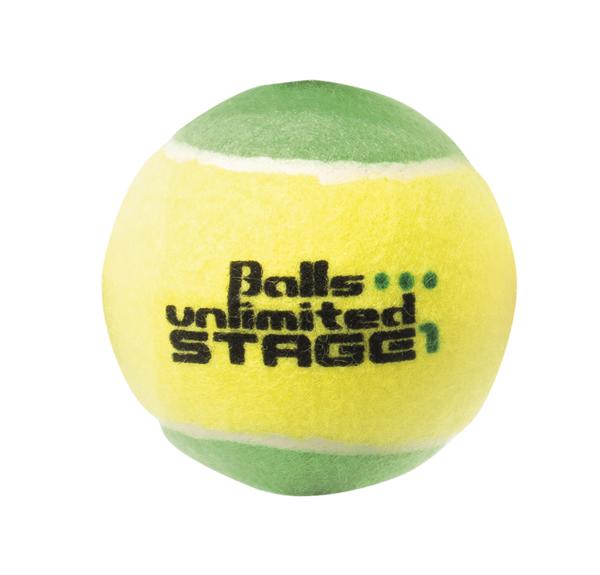Tennisball in Gelb und Grün mit Aufdruck "Balls unlimited STAGE 1" auf weißem Hintergrund.