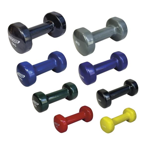 Rote, gelbe, grüne, blaue, lila, graue und schwarze Hanteln aus Gusseisen in 0,5 kg, 1 kg, 1,5 kg, 2 kg, 2,5 kg, 3 kg, 4 kg und 5 kg für Fitness und Krafttraining.