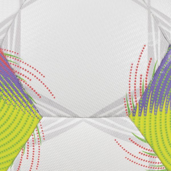 Weißer DERBYSTAR Brillant S-Light 290 Fußball mit lila-gelb-grünem Spiraldesign und strukturierter Oberfläche Detailansicht Balldesign