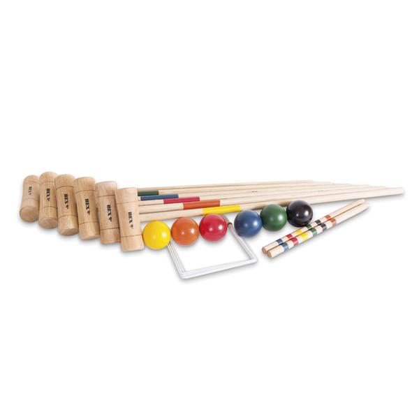 Krocket-Set mit Holzschlägern, farbigen Kugeln, Toren und Markierungsstäben.