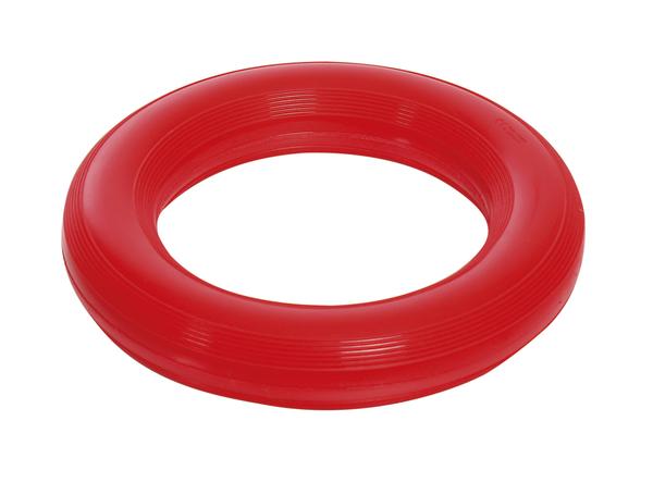 Roter Kunststoff-Wurfring, robust und langlebig.