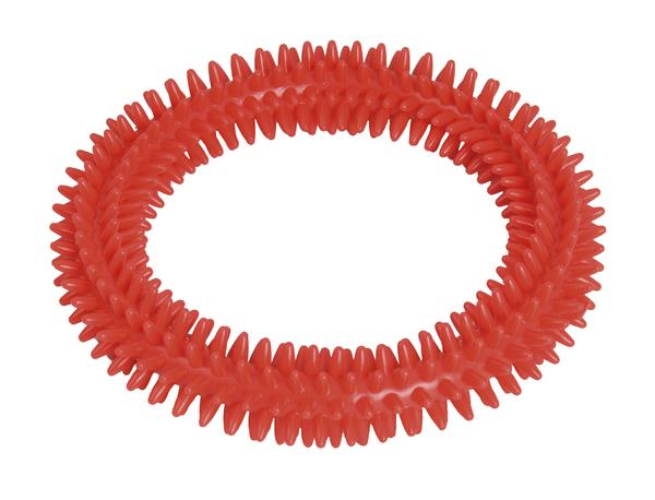 Rotes, flexibles Massage- und Fitnessring mit Noppen für Hand- und Fußübungen.